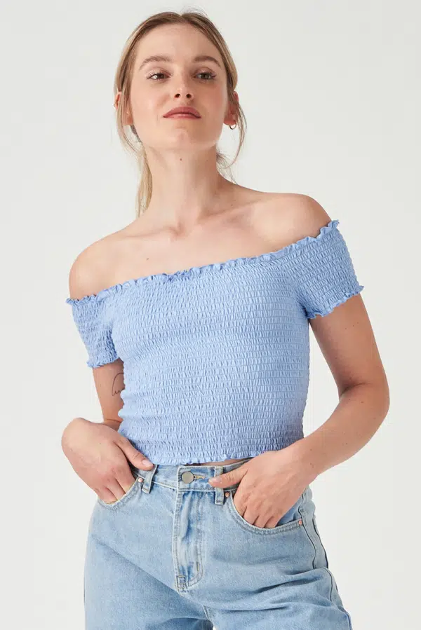 24 Colors top with Carmen neckline light blue