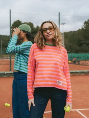 Mindtraveler Langarmshirt Rosa Orange mit grünem Kragen