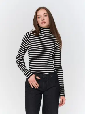 24 Colours Rollkragen Langarmshirt Gestreift Schwarz