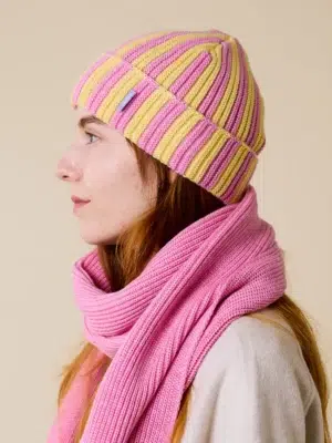 Popeia Mütze aus Merinowolle Hellgelb Pink