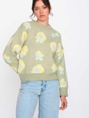 24 Colours Strickpullover Grün Blumen