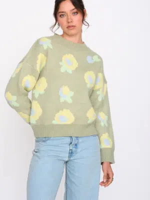 24 Colours Strickpullover Grün Blumen