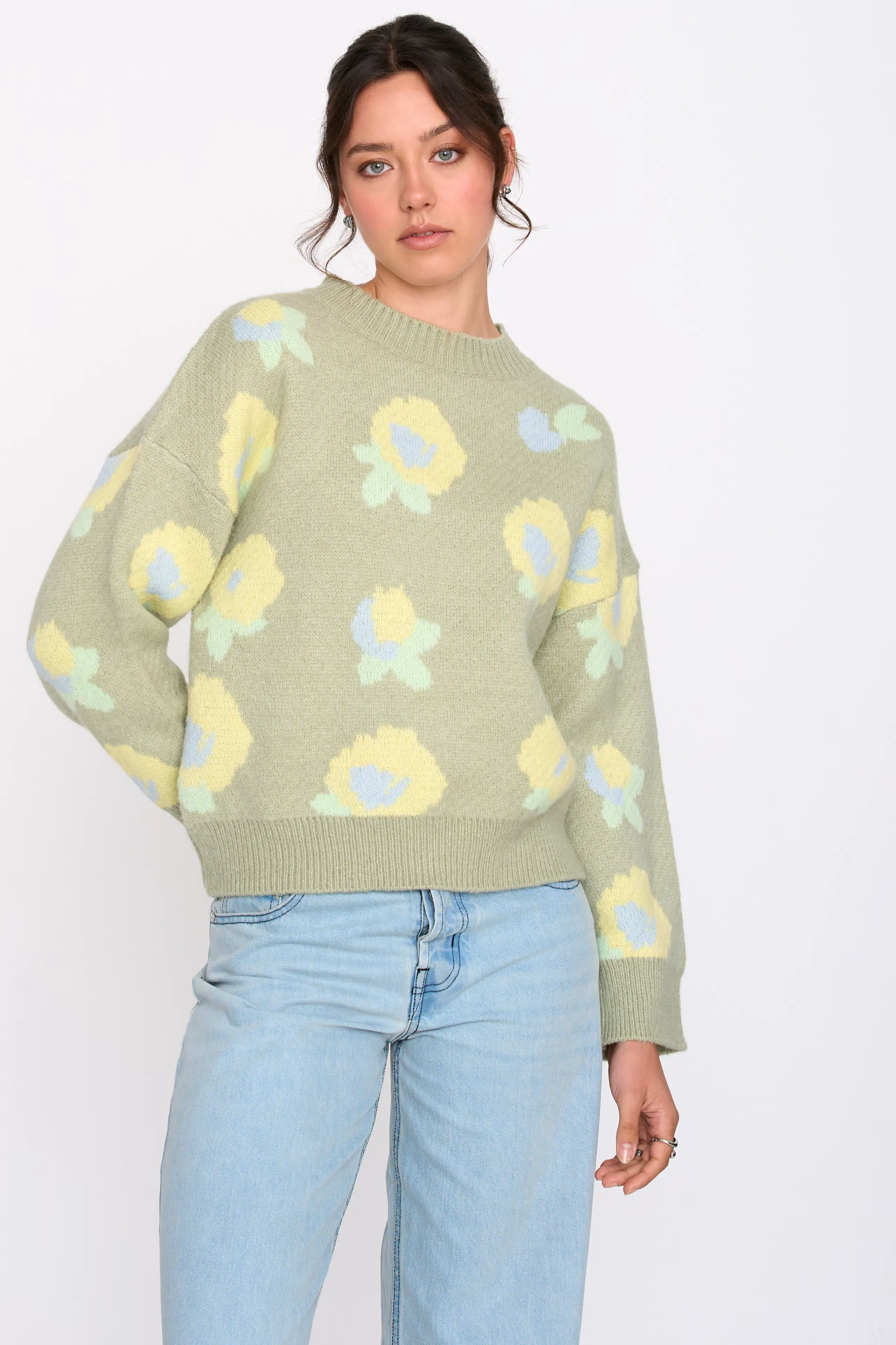 24 Colours Strickpullover Grün Blumen