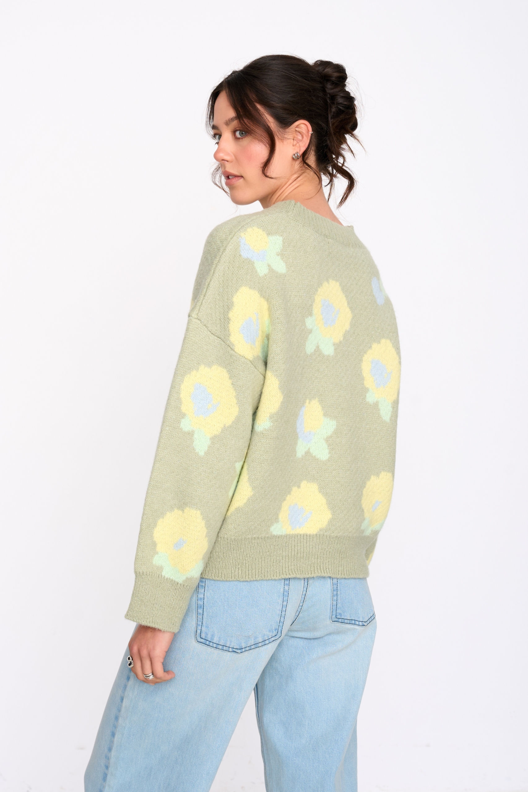 24 Colours Strickpullover Grün Blumen