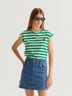 Compania Fantastica T-Shirt Grün Weiß mit Blumen Patch