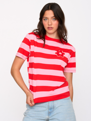 24 Colours T-Shirt Rot Rosa gestreift mit Blumen Patch