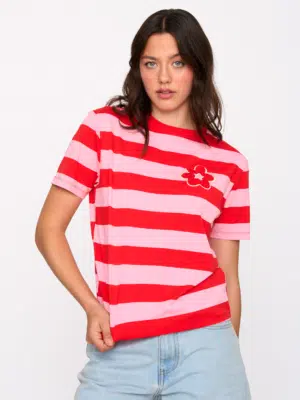 24 Colours T-Shirt Rot Rosa gestreift mit Blumen Patch
