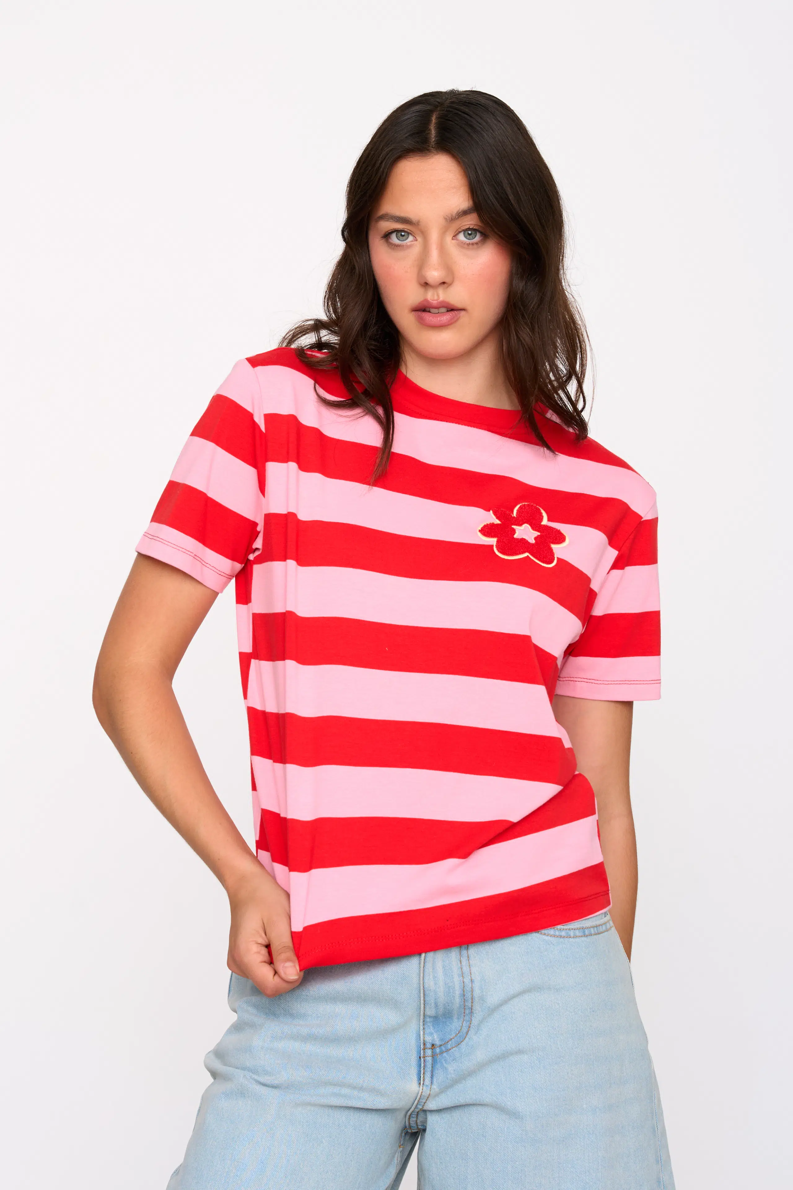 24 Colours T-Shirt Rot Rosa gestreift mit Blumen Patch