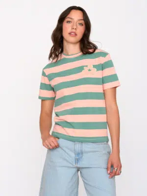 24 Colours T-Shirt Grün Rosa gestreift mit Blumen Patch