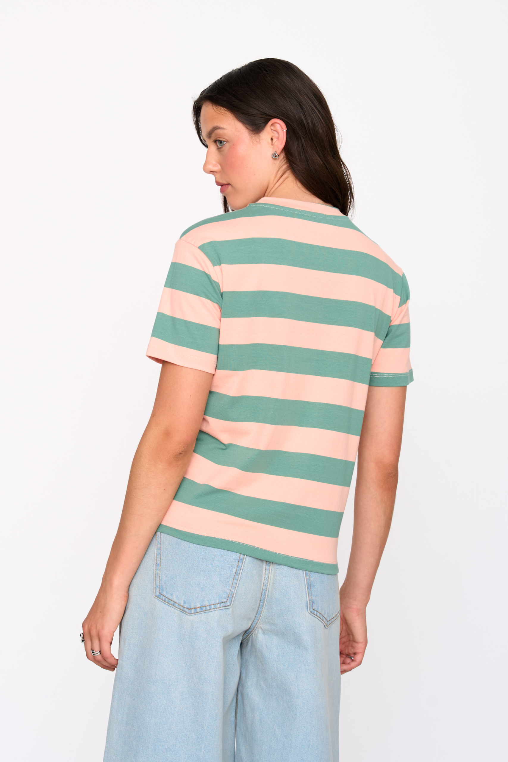 24 Colours T-Shirt Grün Rosa gestreift mit Blumen Patch