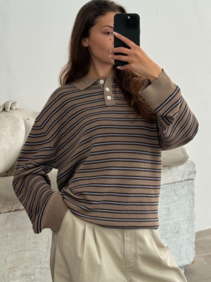 Boii Studios Langarmshirt Adanne Polo Knit Stripe Beige Bordeaux