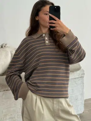 Boii Studios Langarmshirt Adanne Polo Knit Stripe Beige Bordeaux