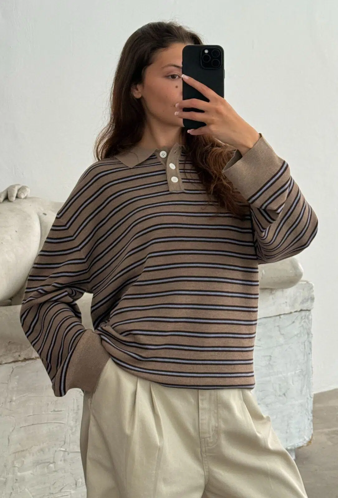 Boii Studios Langarmshirt Adanne Polo Knit Stripe Beige Bordeaux