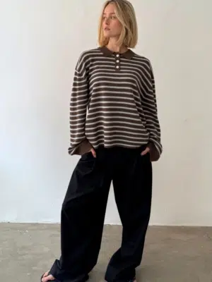 Boii Studios Langarmshirt Adanne Polo Knit Stripe Brown Blue