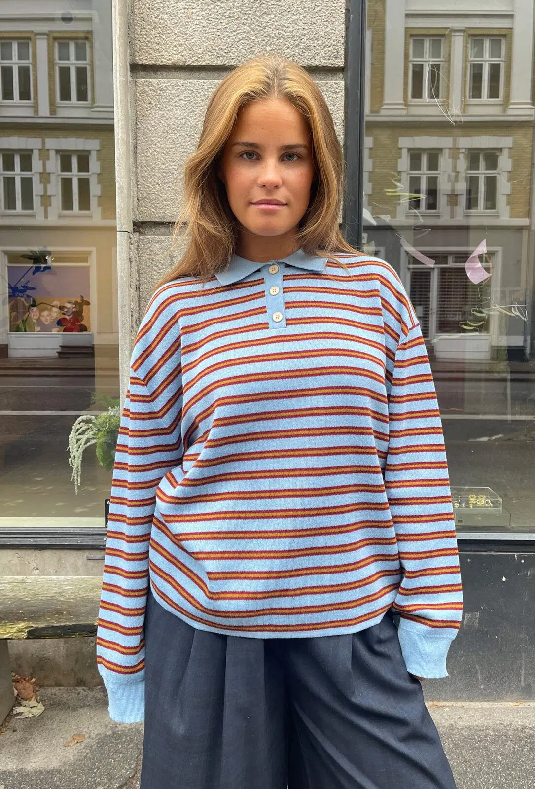 Boii Studios Langarmshirt Adanne Polo Knit Stripe Blue