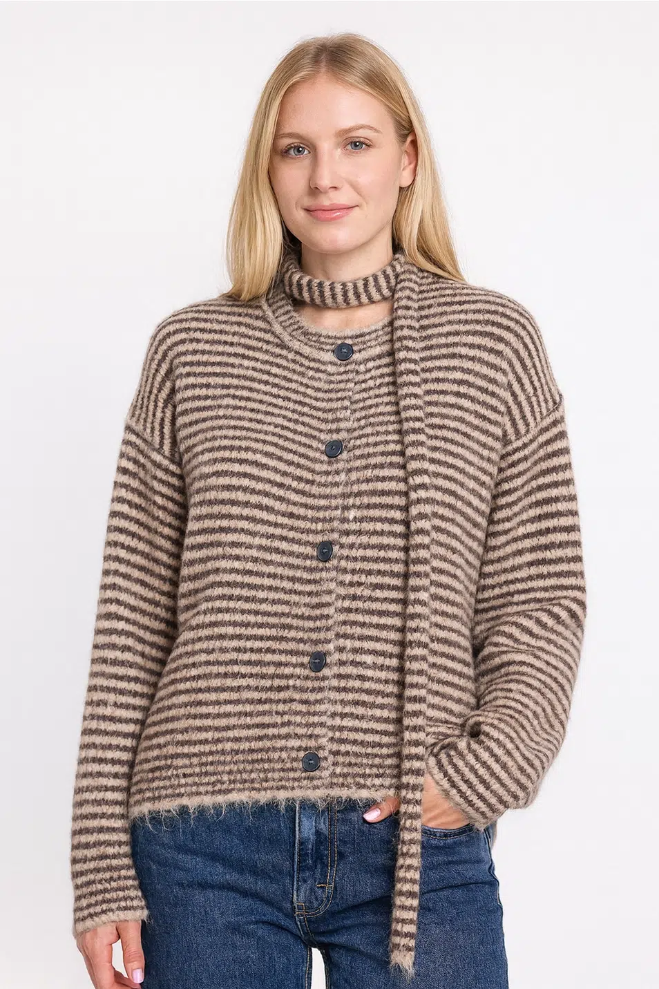 Afinity Strickjacke gestreift braun beige mit passendem feinem Schal