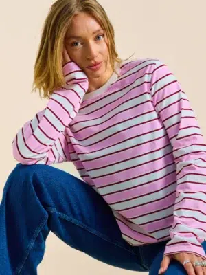 Popeia Langarmshirt Gestreift Weiß Pink