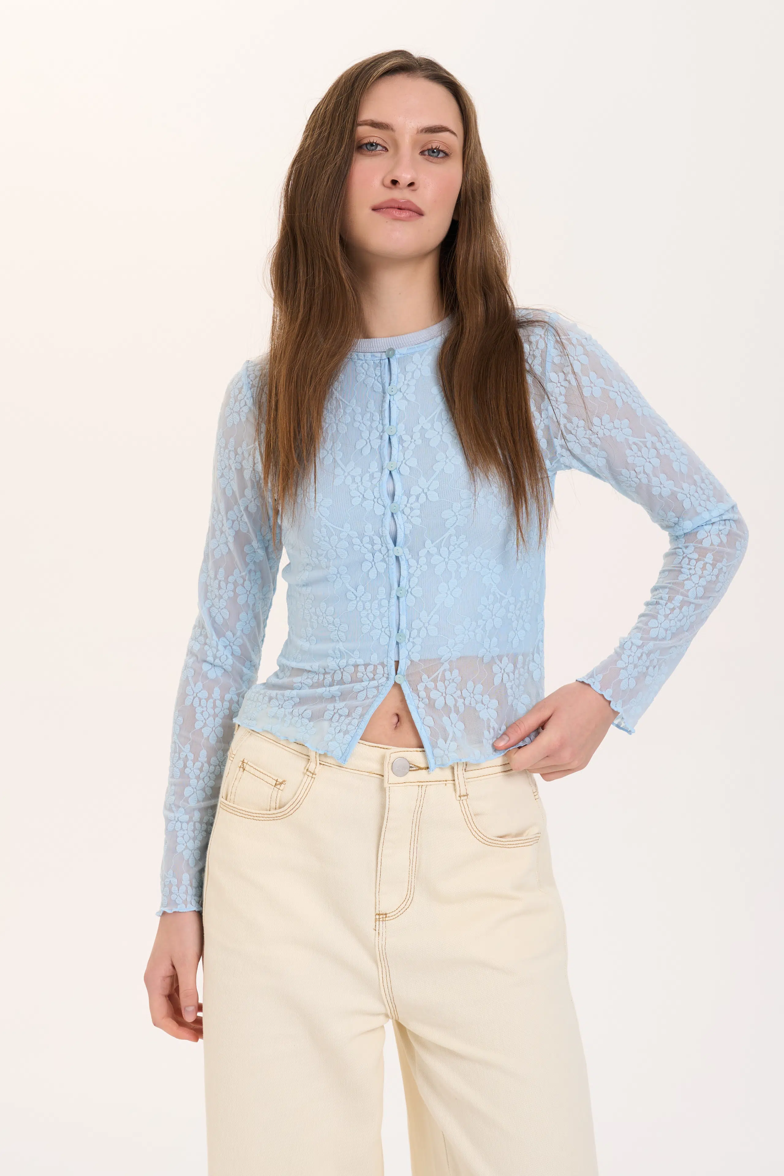 24 Colours Langarmshirt hellblau in Spitzenoptik