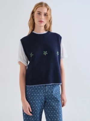 Compania Fantastica Strickweste Navy mit Blumenstickerei