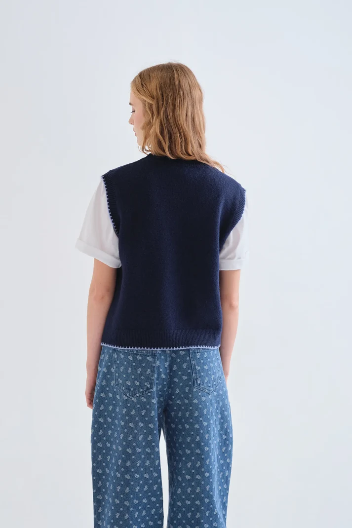 Compania Fantastica Strickweste Navy mit Blumenstickerei