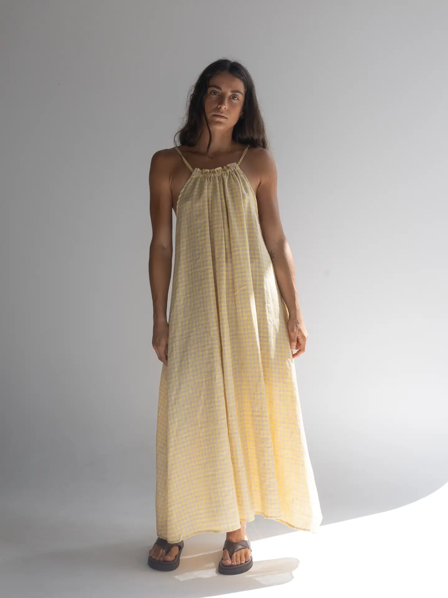 LOCOLINEN Maxikleid Buttergelb mit Karomuster