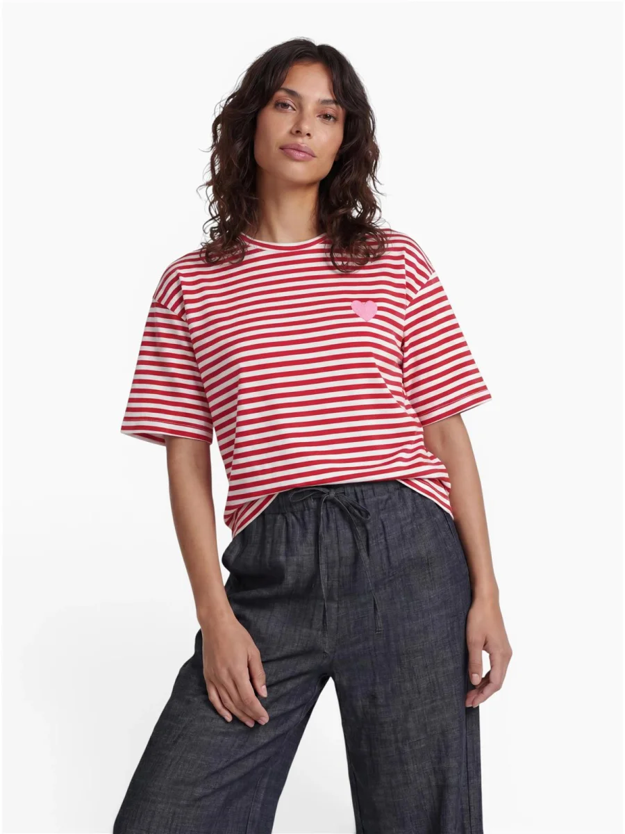 24 Colours T-Shirt gestreift rot weiß mit Herz-Stickerei