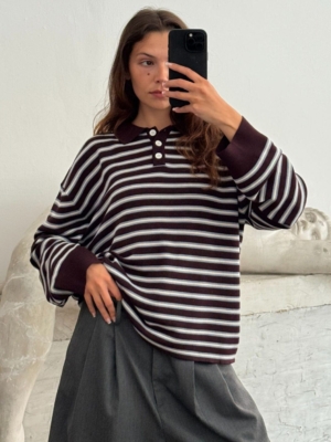 Boii Studios Langarmshirt Adanne Polo Knit Stripe Bordeaux