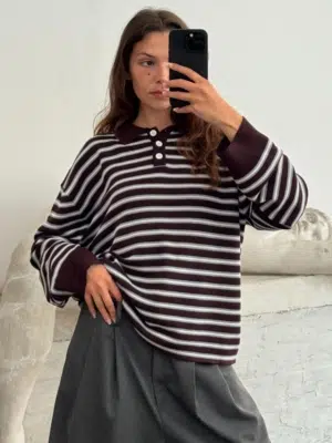 Boii Studios Langarmshirt Adanne Polo Knit Stripe Bordeaux