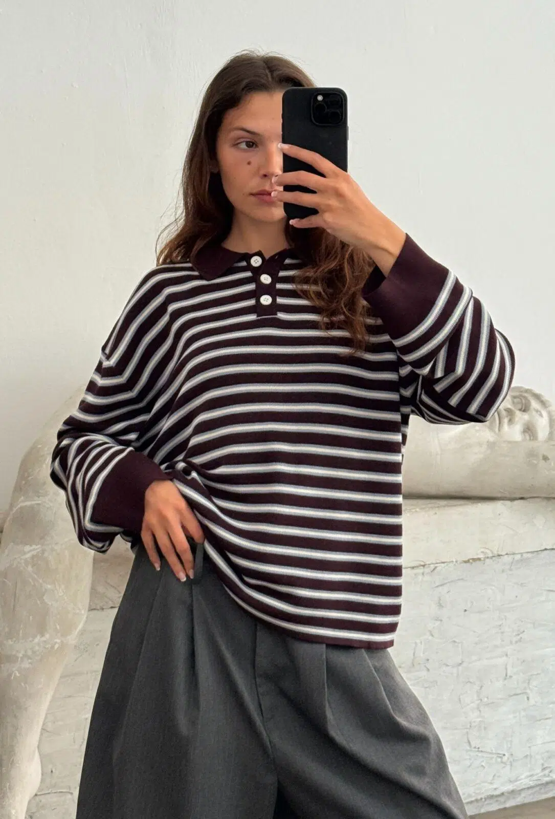 Boii Studios Langarmshirt Adanne Polo Knit Stripe Bordeaux