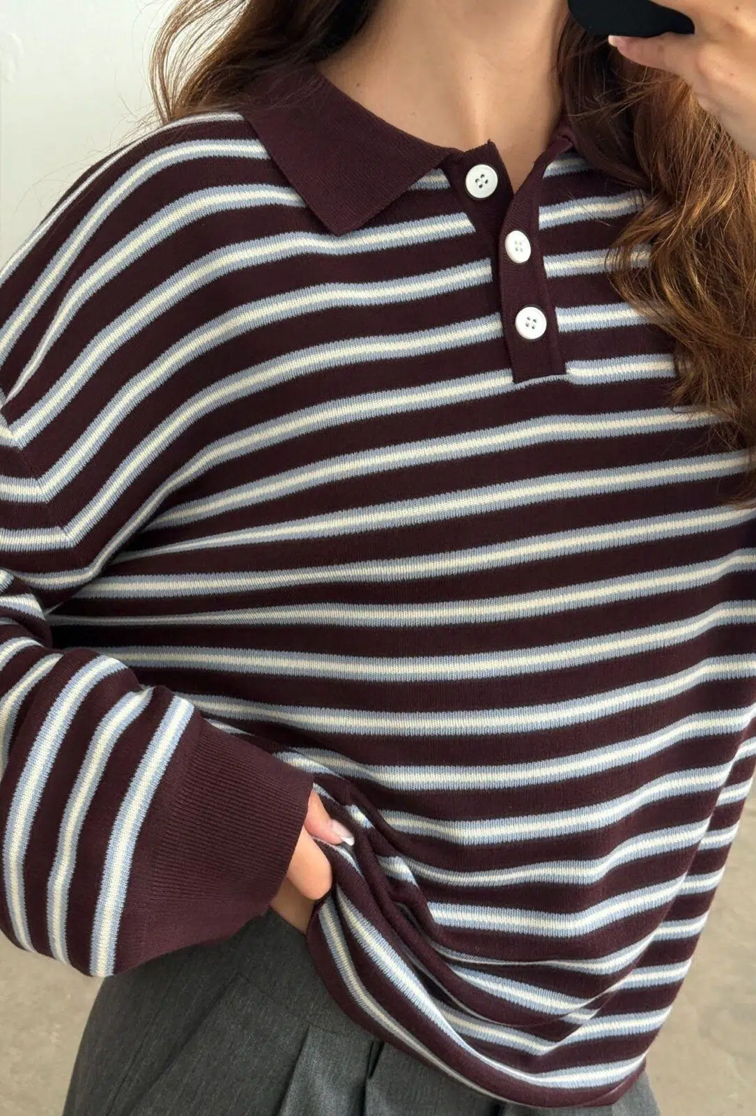 Boii Studios Langarmshirt Adanne Polo Knit Stripe Bordeaux Boii Studios Langarmshirt Adanne Polo Knit Stripe Bordeaux
