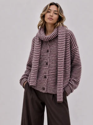 Afinity Strickjacke gestreift rose braun mit passendem feinem Schal