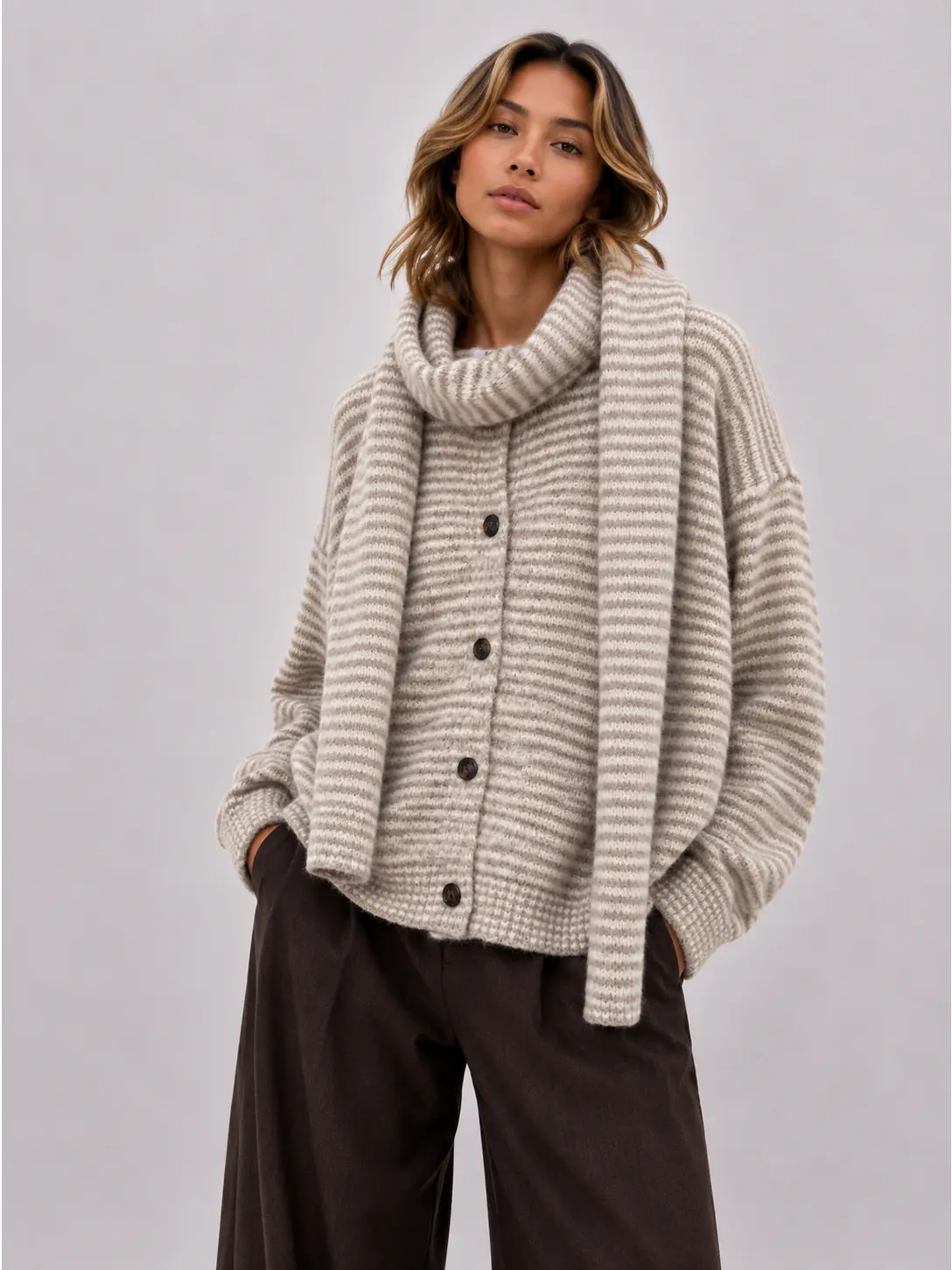 Afinity Strickjacke gestreift beige mit passendem feinem Schal