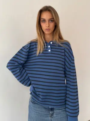 Boii Studios Langarmshirt Adanne Polo Knit Stripe Blue Dark Grey