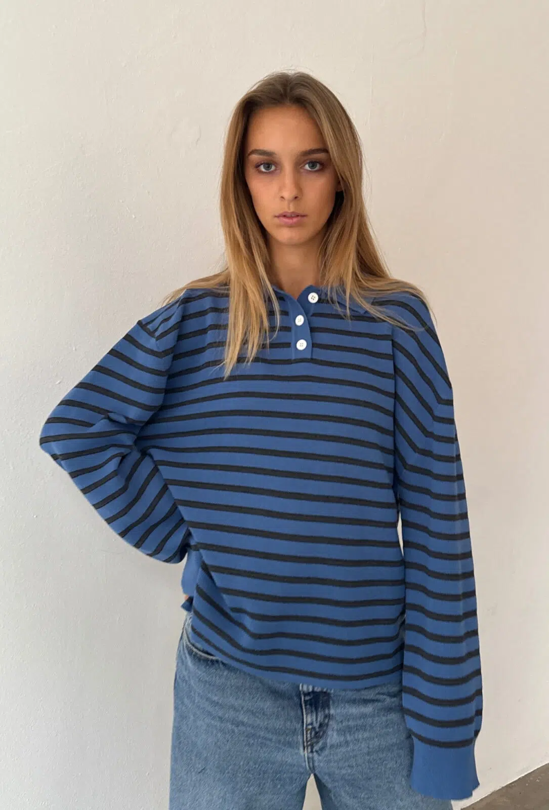Boii Studios Langarmshirt Adanne Polo Knit Stripe Blue Dark Grey