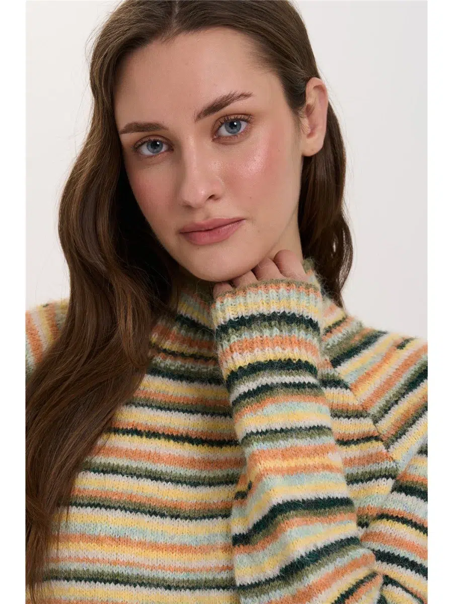 24 Colours Pullover gestreift grün mit Turtleneck 24 Colours Pullover gestreift grün mit Turtleneck
