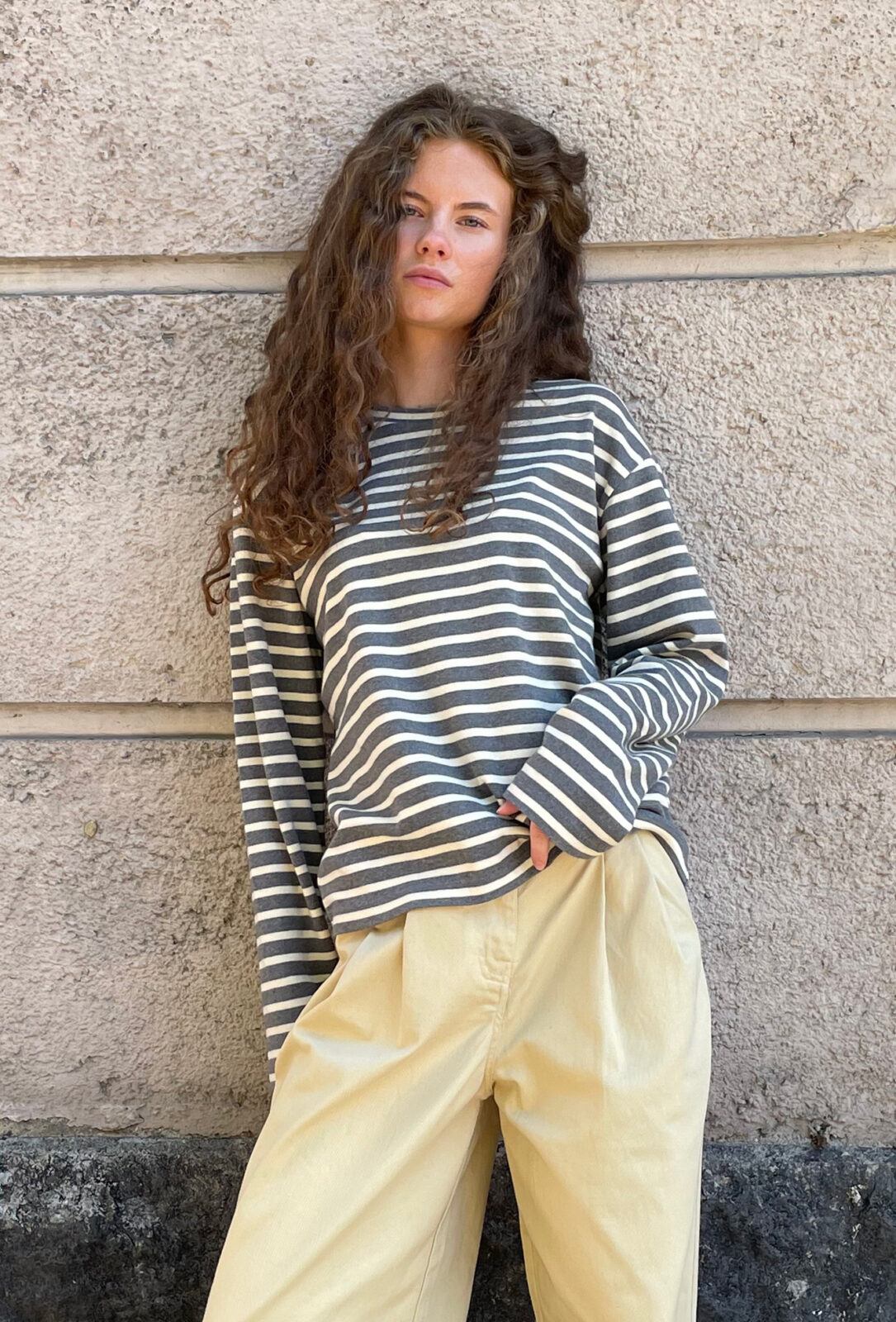 Boii Studios Langarmshirt Nete Stripe Grey Melange Off White