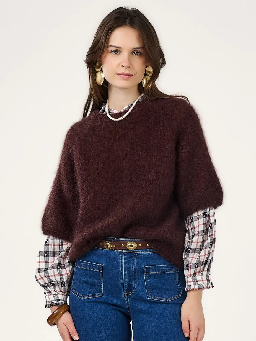 Calie Paris Strickpullover Kurzarm Mohair Dunkelbraun