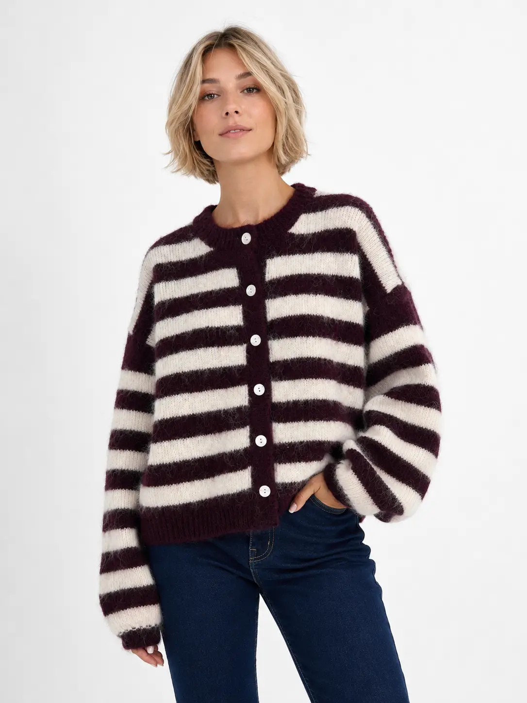Afinity Strickjacke Gestreift Bordeaux Weiß